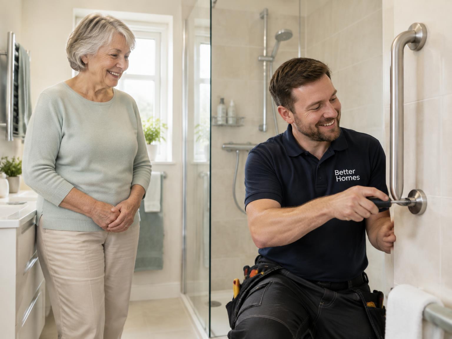 An Adapted Homes installer fitting a stainless steel grab rail in a bathroom while the homeowner looks on